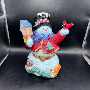 Vintage Porcelain Snowman Nature Winter Scene Trinket Box